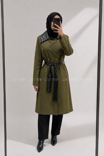 Lamelif Deri Detaylı Trençkot Haki