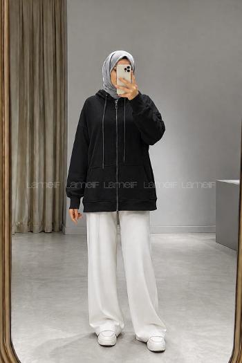 Lamelif Kapüşonlu Cep Detaylı Sweatshirt Hırka Fermuarlı Siyah