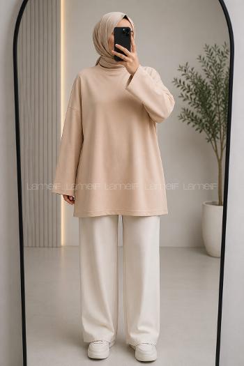 Lamelif Oversize İki İplik Sweat Sütlü Kahve
