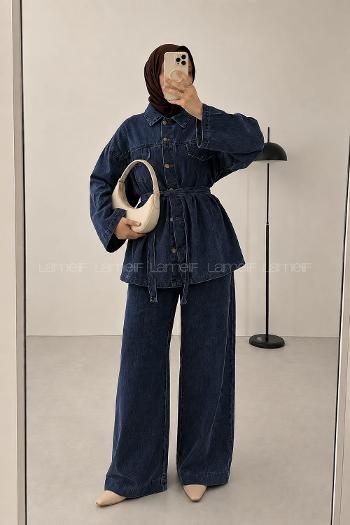Navy Blue Shirt Collar Long Arm Buttoned Regular Trousers Suit