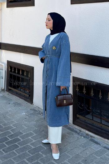 Lamelif Gold Broş Detaylı Denim Kimono Kot Mavisi