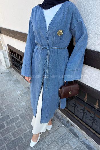 Lamelif Gold Broş Detaylı Denim Kimono Kot Mavisi