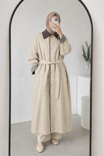 Lamelif Kemer Detaylı Oversize Trenç Bej