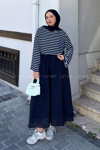Navy Blue Crew Neck Long Arm Without Accessories Viscose Unprinted Blouse