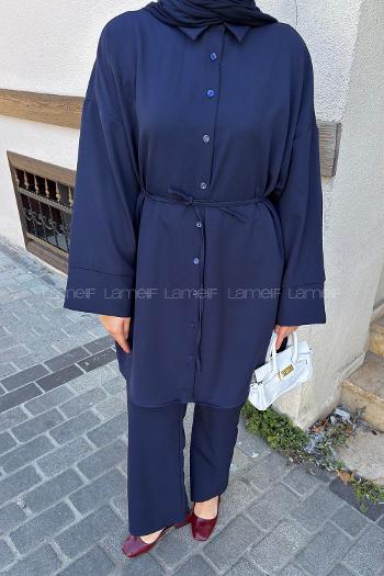 Lamelif Manşet Detaylı Pantolonlu Takım Lacivert