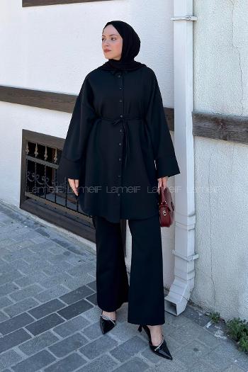 Lamelif Manşet Detaylı Pantolonlu Takım Siyah