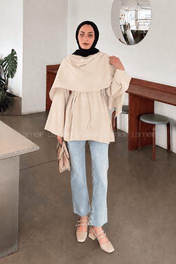 Lamelif Şallı Bağlama Detaylı Tunik Krem