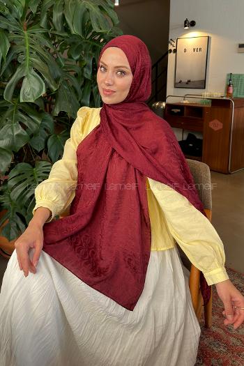 Lamelif QQ Desen Ayrobin Floş Jakar  Şal Bordo