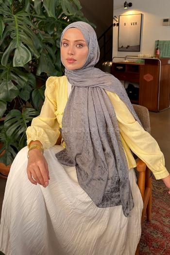 Lamelif QQ Desen Ayrobin Floş Jakar  Şal Koyu Gri