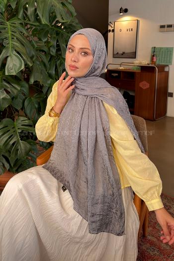 Lamelif QQ Desen Ayrobin Floş Jakar  Şal Koyu Gri