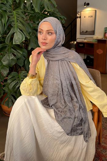 Lamelif QQ Desen Ayrobin Floş Jakar  Şal Koyu Gri