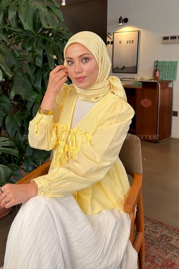 Lamelif Ağaçdalı Desen Ayrobin Floş Jakar Eşarp Sarı
