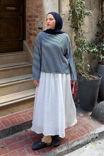 Navy Blue Crew Neck Long Arm Without Accessories Cotton Fabric Blouse