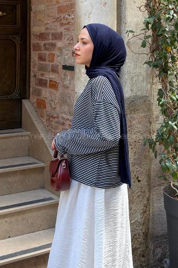 Navy Blue Crew Neck Long Arm Without Accessories Cotton Fabric Blouse