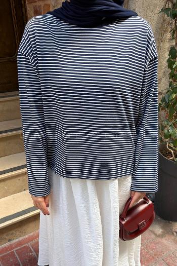 Navy Blue Crew Neck Long Arm Without Accessories Cotton Fabric Blouse