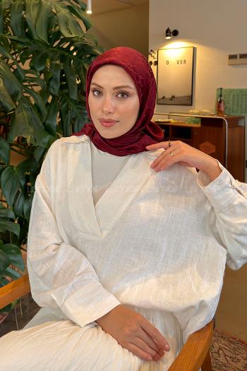 Lamelif Bloom Desen Ayrobin Floş Jakar Eşarp Bordo