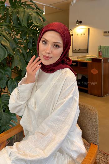 Lamelif Bloom Desen Ayrobin Floş Jakar Eşarp Bordo