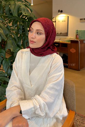Lamelif Bloom Desen Ayrobin Floş Jakar Eşarp Bordo