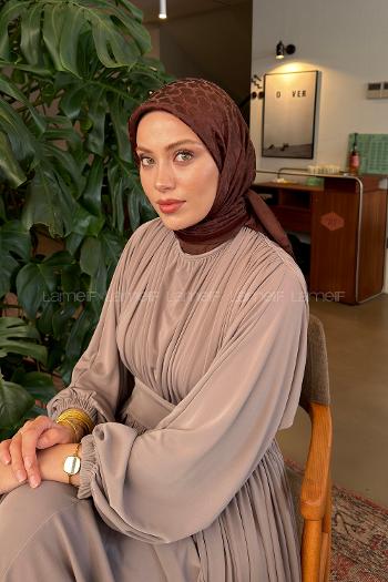 Lamelif Bloom Desen Ayrobin Floş Jakar Eşarp Kahverengi