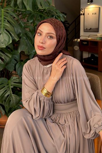 Lamelif Bloom Desen Ayrobin Floş Jakar Eşarp Kahverengi