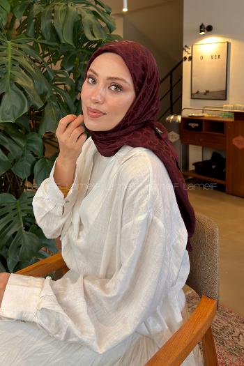 Lamelif Bloom Desen Ayrobin Floş Jakar Eşarp Koyu Bordo