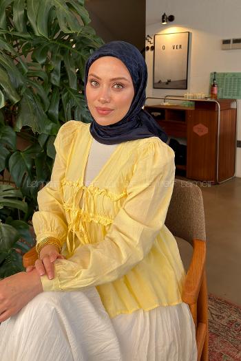 Lamelif Bloom Desen Ayrobin Floş Jakar Eşarp Lacivert