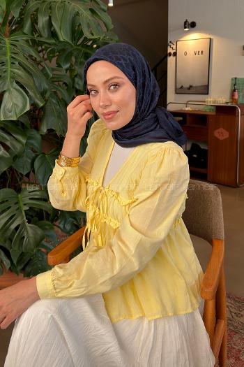 Lamelif Bloom Desen Ayrobin Floş Jakar Eşarp Lacivert