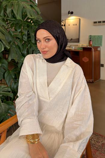Lamelif Bloom Desen Ayrobin Floş Jakar Eşarp Siyah