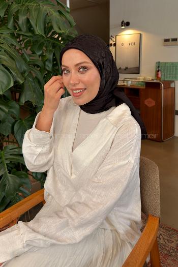 Lamelif Bloom Desen Ayrobin Floş Jakar Eşarp Siyah