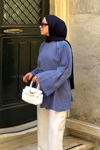 Lamelif Eteği Parçalı Kemer Detaylı Tunik Mavi