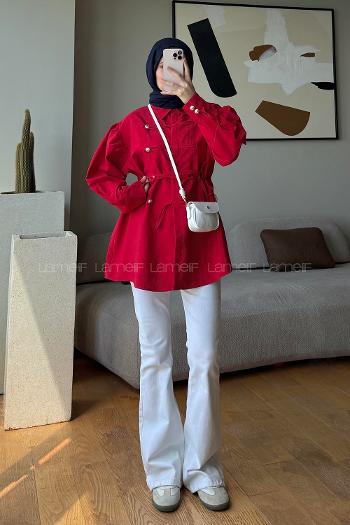 Red Shirt Collar Polyester Unprinted Tunic