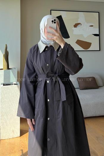 Lamelif Kemer Detaylı Oversize Trenç Acı Kahve
