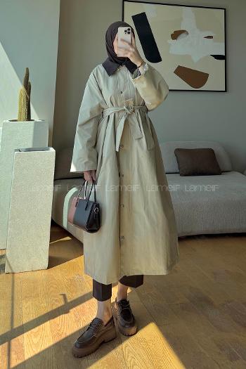 Lamelif Kemer Detaylı Oversize Trenç Bej