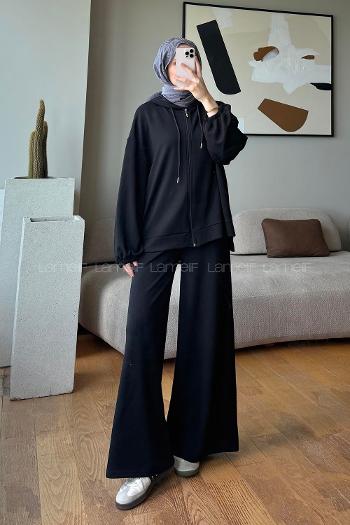 Black Hood Neck Long Arm With Zipper Regular Trousers Suit