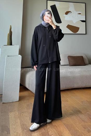 Black Hood Neck Long Arm With Zipper Regular Trousers Suit