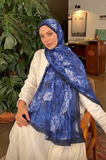 Lamelif Vintage Flower Desen Bambu Şal Gece Mavisi