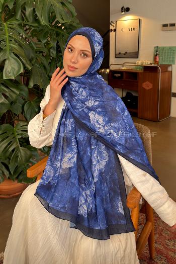 Lamelif Vintage Flower Desen Bambu Şal Gece Mavisi