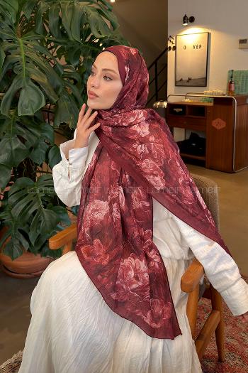 Lamelif Vintage Flower Desen Bambu Şal Koyu Bordo
