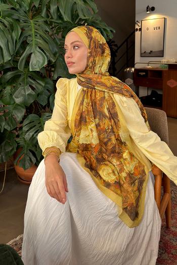 Lamelif Vintage Flower Desen Bambu Şal Yağ Yeşili