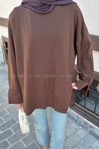 Lamelif Yırtmaç Detaylı Basic Bluz Kahverengi