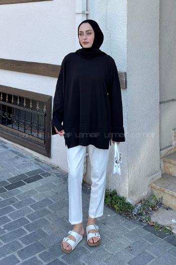 Lamelif Yırtmaç Detaylı Basic Bluz Siyah