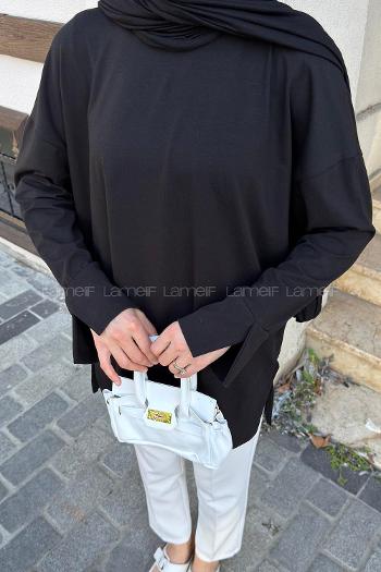Lamelif Yırtmaç Detaylı Basic Bluz Siyah