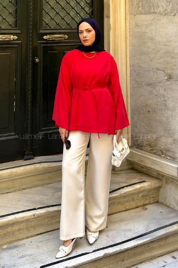 Lamelif Yırtmaç Detaylı Modal Tunik Kırmızı