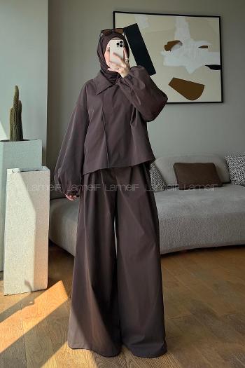 Brown Neckband Shirt Collar Balloon Sleeve Arm Buttoned Regular Trousers Pleated Suit
