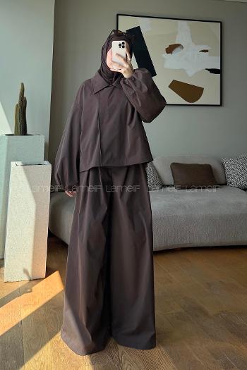 Brown Neckband Shirt Collar Balloon Sleeve Arm Buttoned Regular Trousers Pleated Suit