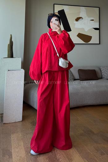 Red Shirt Collar Balloon Sleeve Arm Buttoned Cotton Polyester Regular Trousers Suit