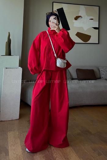 Red Shirt Collar Balloon Sleeve Arm Buttoned Cotton Polyester Regular Trousers Suit