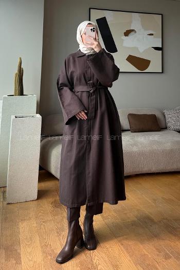 Brown Long Arm Belted Trench Coat