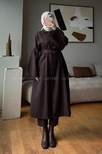 Brown Long Arm Belted Trench Coat