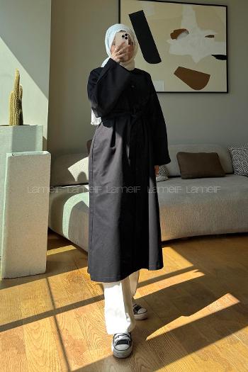 Black Long Arm Belted Trench Coat
